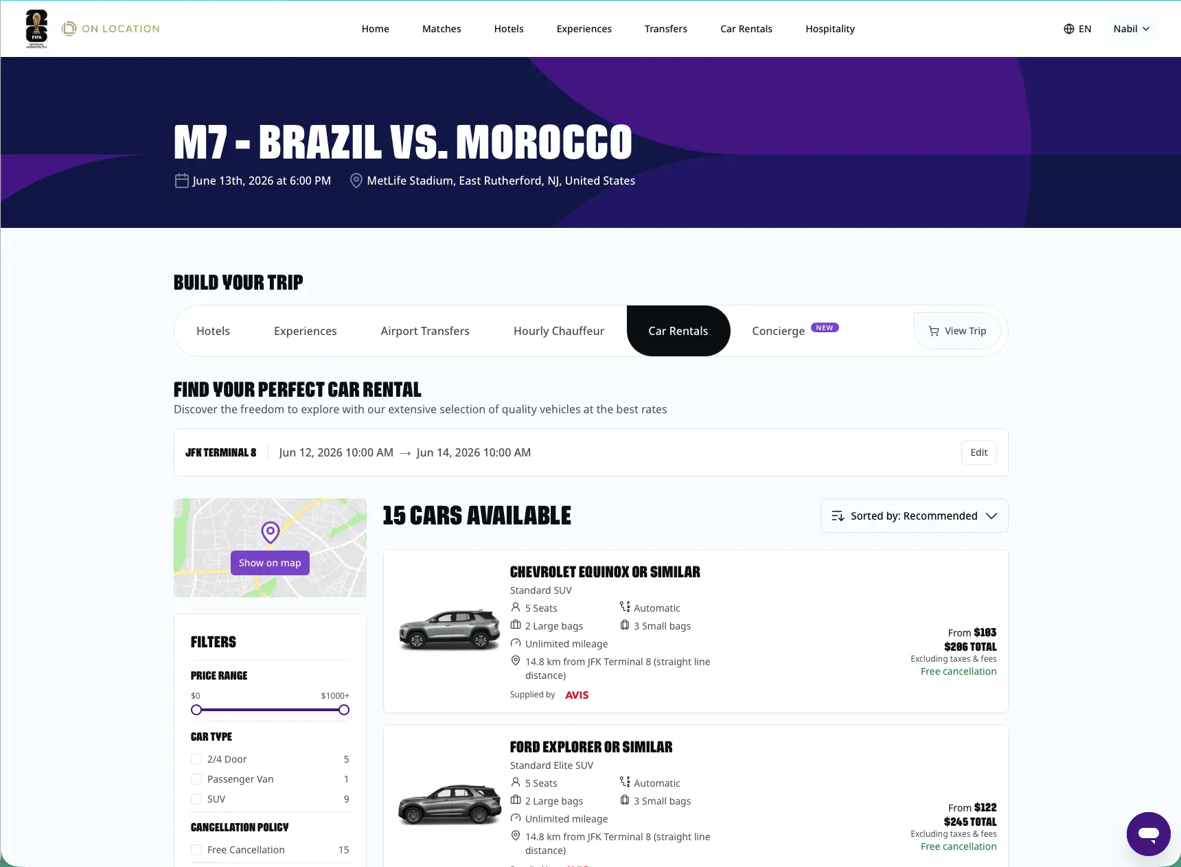 FIFA WC 2026 platform — car rentals