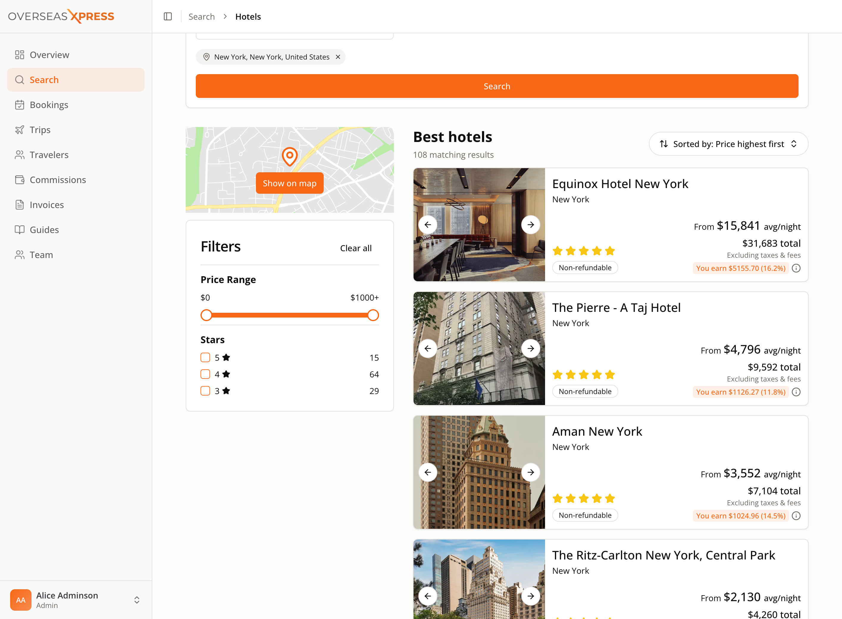 OX hotel search showing rates and commissions
