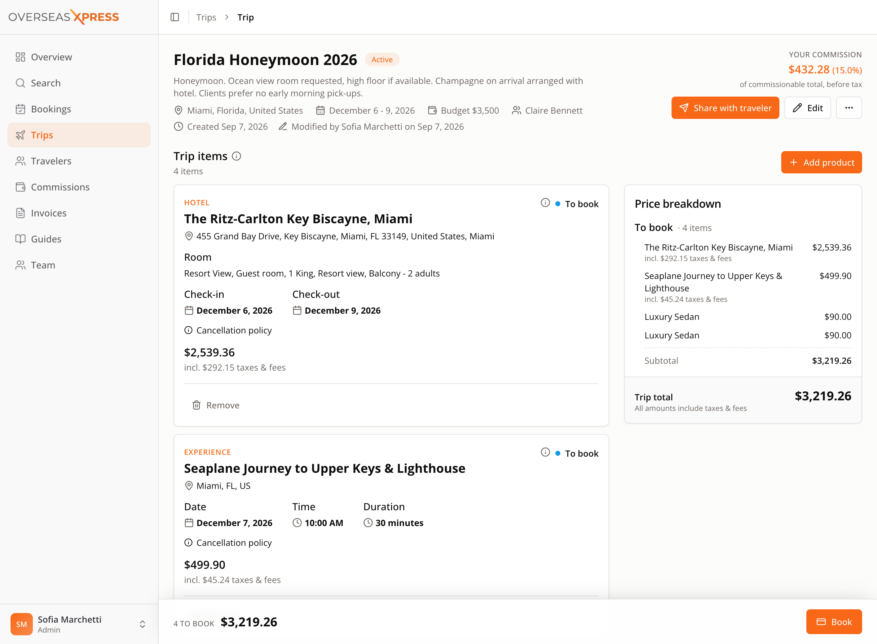 OX trip builder with multi-product itinerary